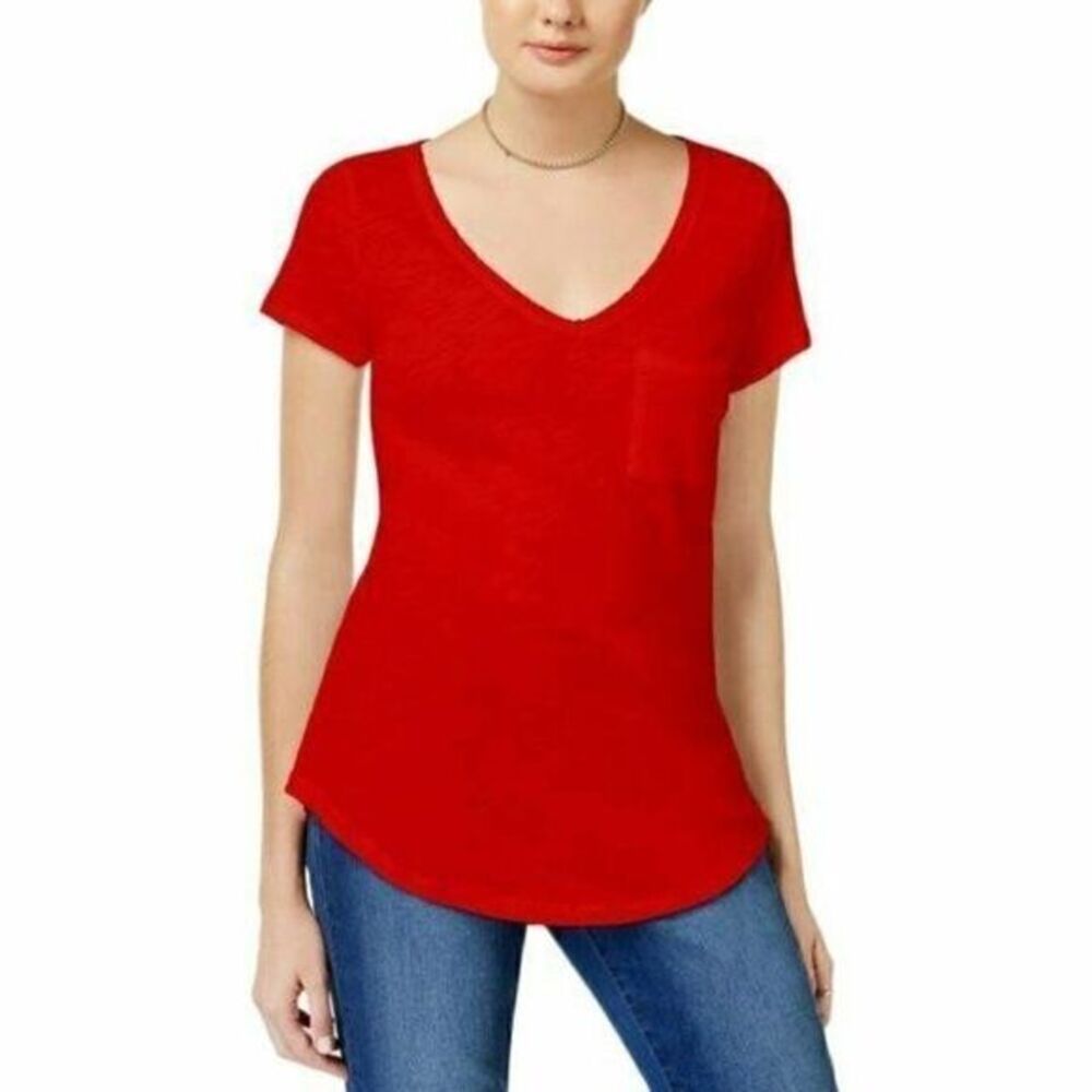 Maison Jules Red V-Neck Pocket Short-Sleeve Top S